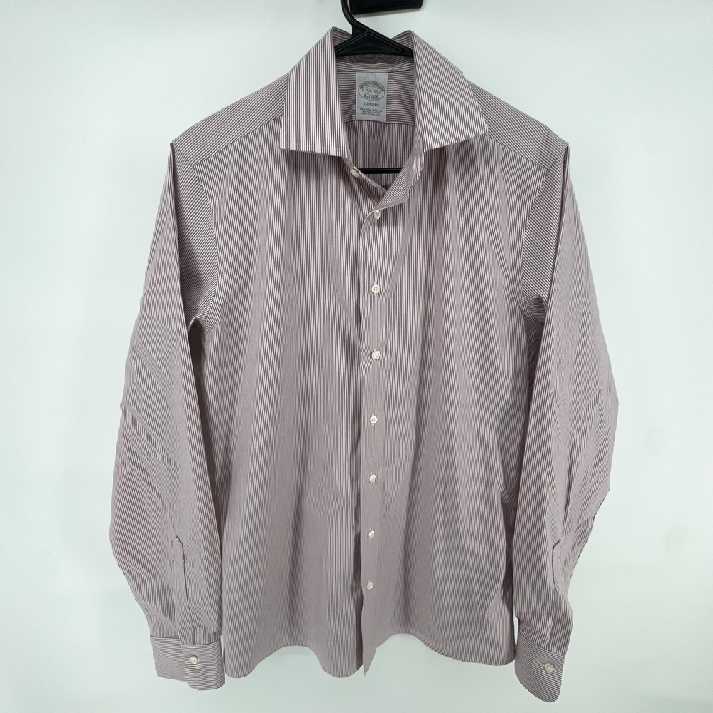 Brooks Brothers Dress Shirt Mens 15.5 34/35 Red Stripe Soho Fit Non Iron Stretch